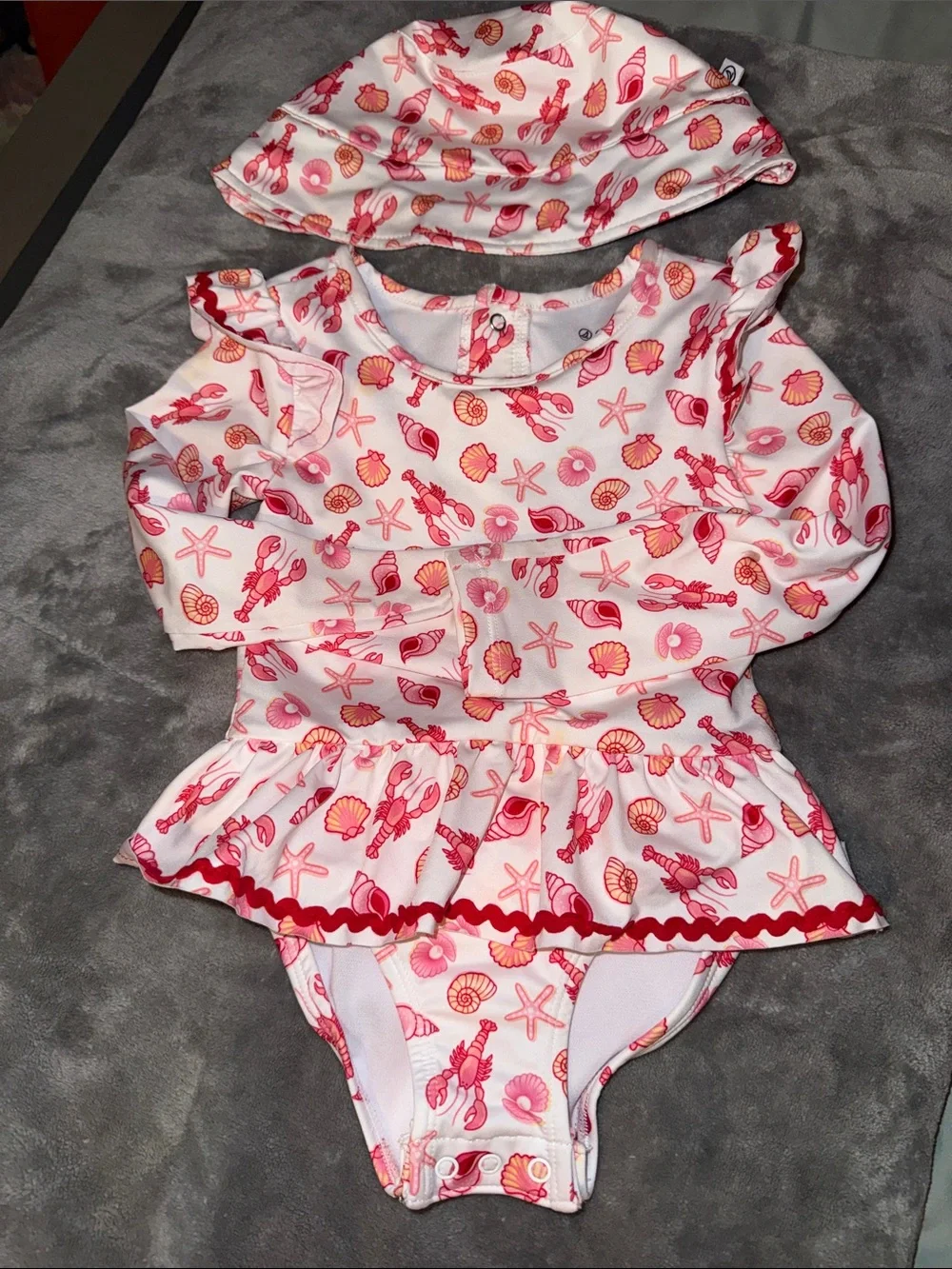 Sperry Pink and Coral Shell-Print Long Sleeve One-Piece Swim with Hat
